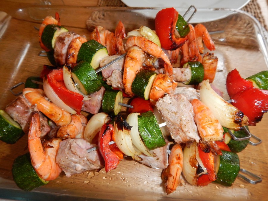 tuna, shrimp, zucchini, peppers and onions