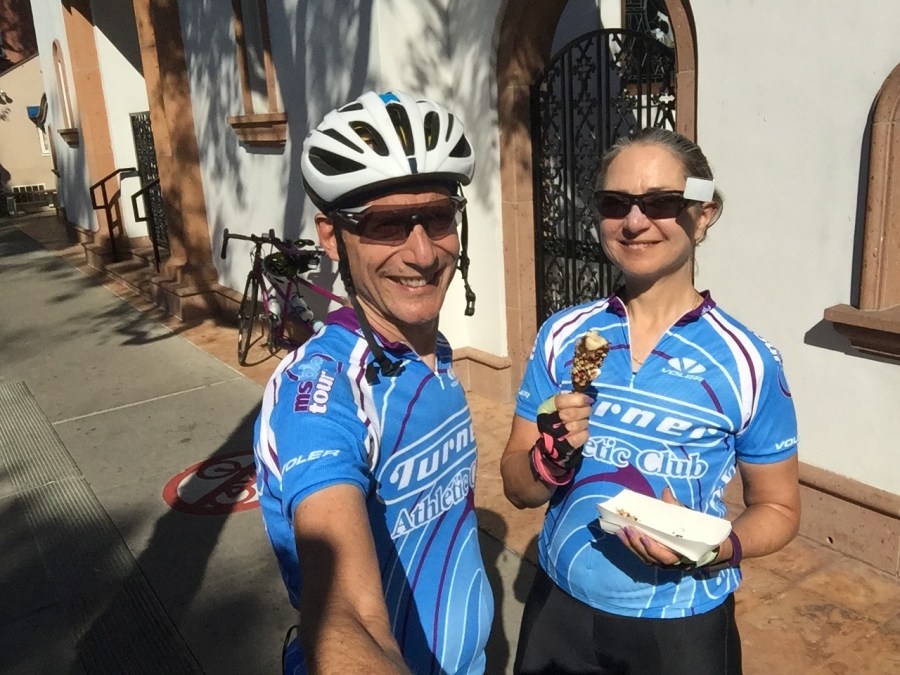 On Balboa Island, enjoying a famous dipped banana